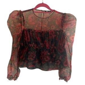 ZARA floral organza blouse S